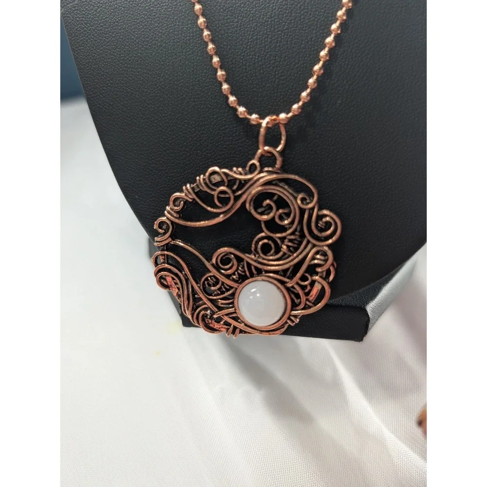 Copper Tone Round Filigree Charm Pendant Necklace Ball/Bead Chain Barrel
